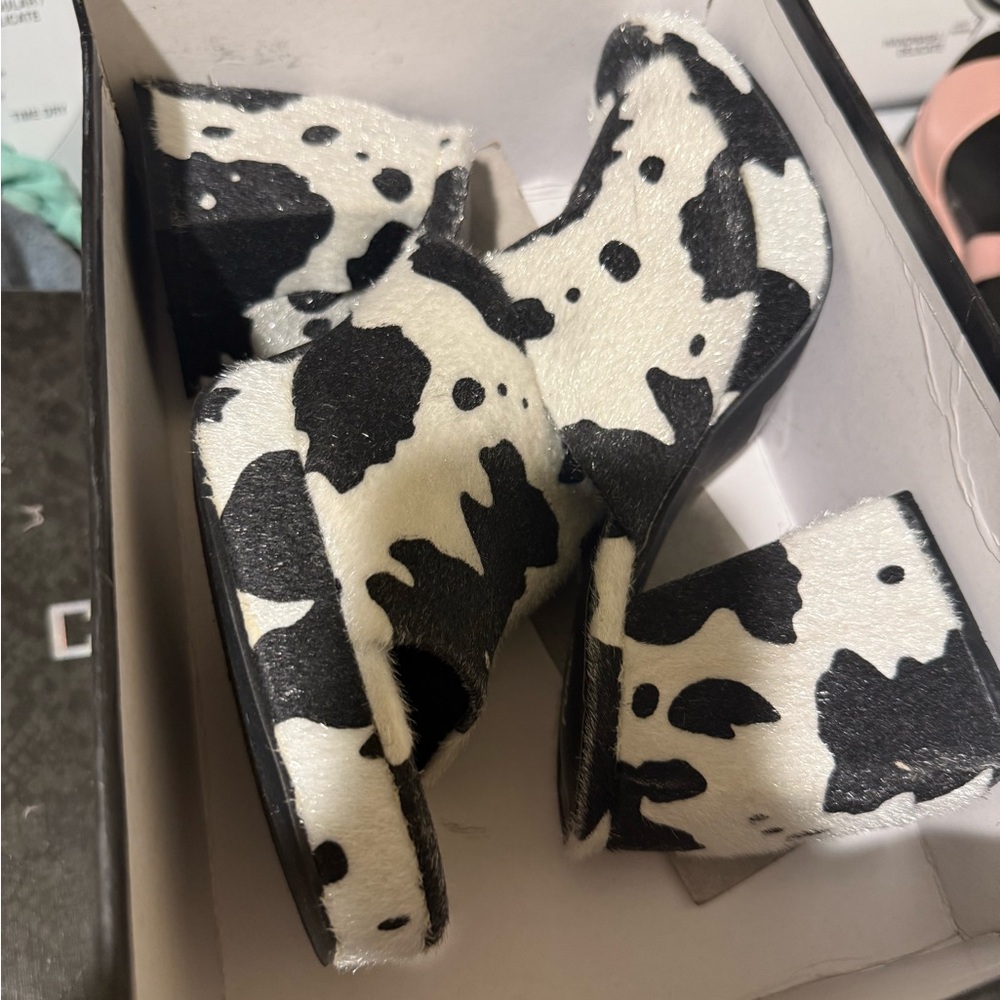 Cow print chunky heels
